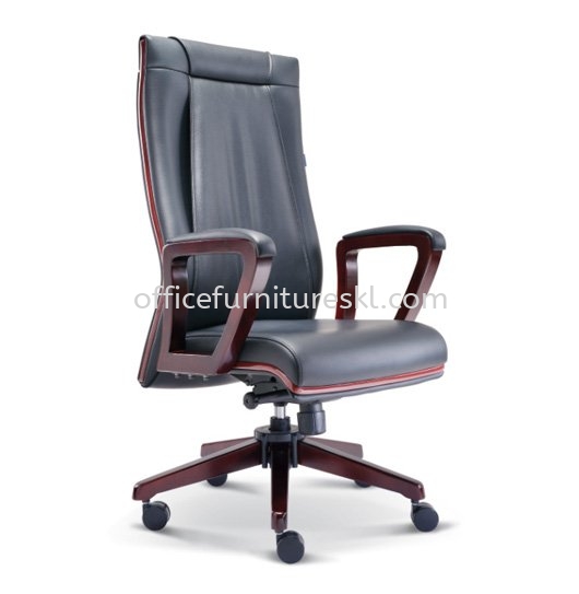 RIANA DIRECTOR HIGH BACK LEATHER OFFICE CHAIR WITH RUBBER-WOOD WOODEN ROCKET BASE