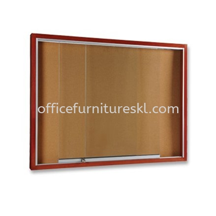 SLIDING GLASS OFFICE NOTICE BOARD WOODEN FRAME BROWN COLOUR - office furniture shop | notice board cheras | notice board ampang | notice board sungai besi