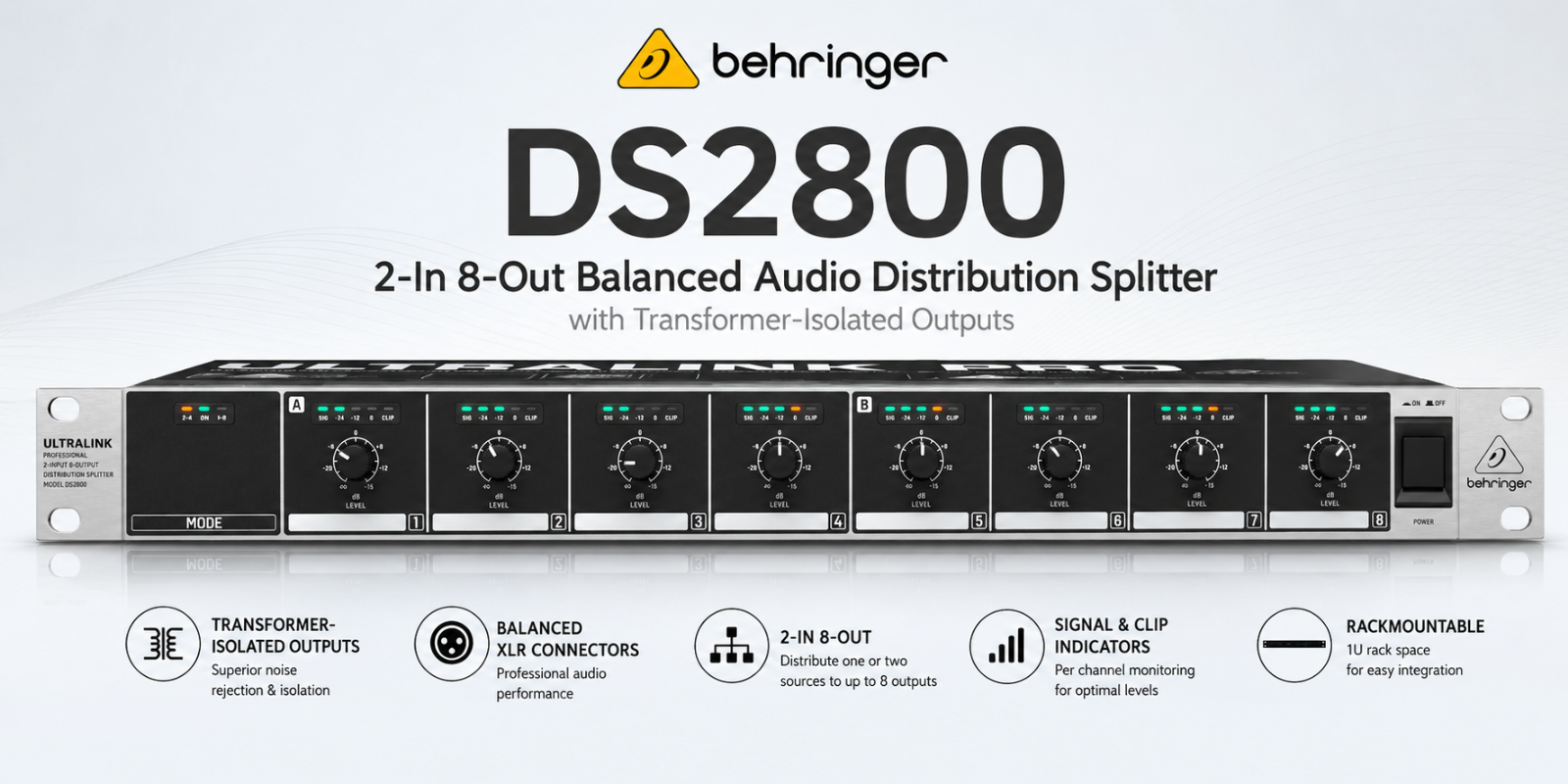 Behringer DS2800 – Pemisah Pengedaran Audio Seimbang 2-Masuk 8-Keluar dengan Output Terasing Transformer