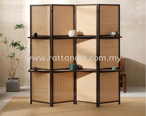 WOODEN RATTAN PARTITION WITH SHELF