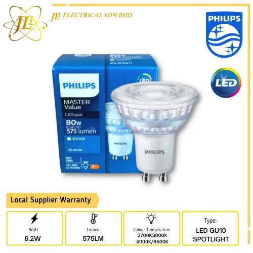 PHILIPS MASTER 6.2W GU10 36D 850CD 220-240V CRI90 575LM DIMMABLE LED SPOTLIGHT [2700K/3000K/4000K/6500K]