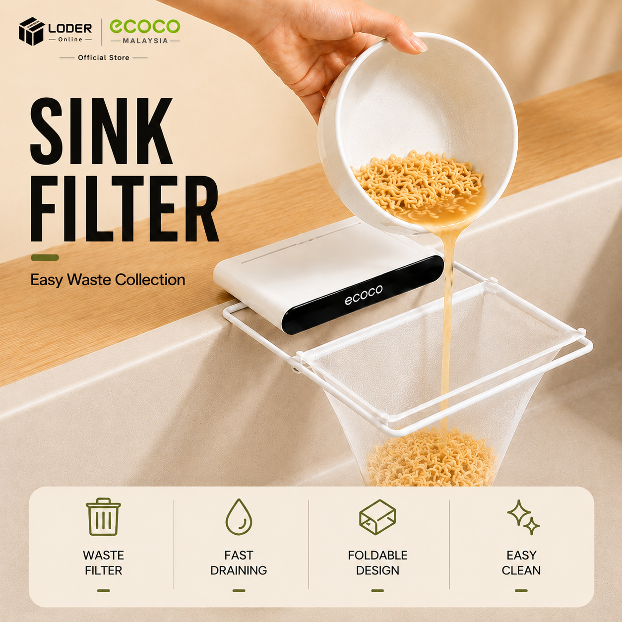 LODER ECOCO Sink Filter Kitchen Sink Strainer Food Waste Collector Drain Basket Sink Corner Organizer