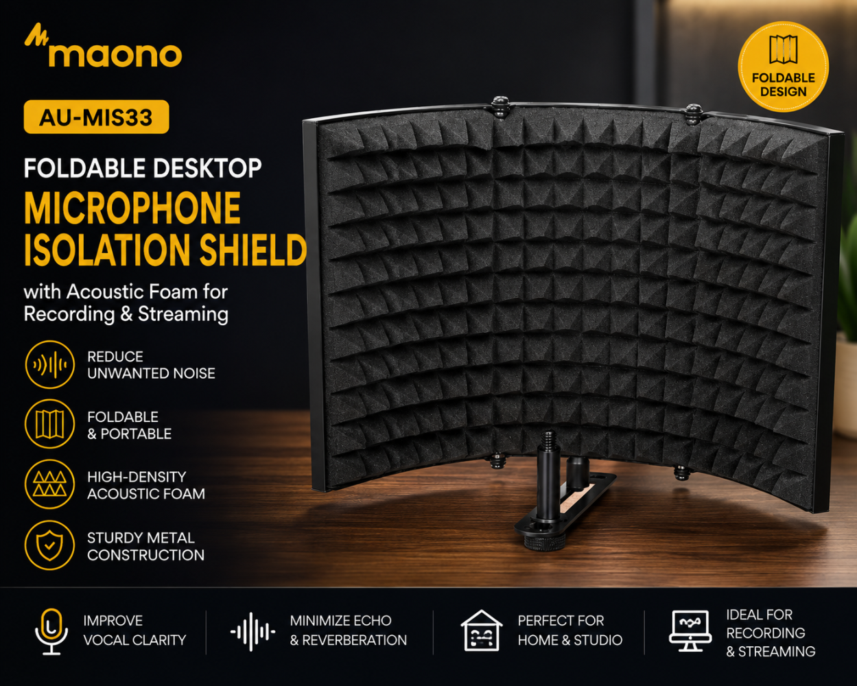 Maono AU-MIS33 â Foldable Desktop Microphone Isolation Shield with Acoustic Foam for Recording & Streaming