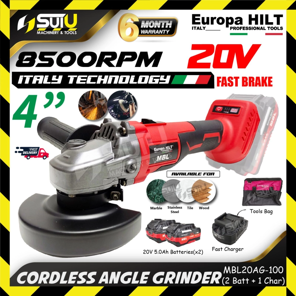 EUROPA HILT MBL20AG-100 20V 4" / 100MM Brushless Cordless Angle Grinder 8500RPM w/ 20V 5.0Ah Starter Kit