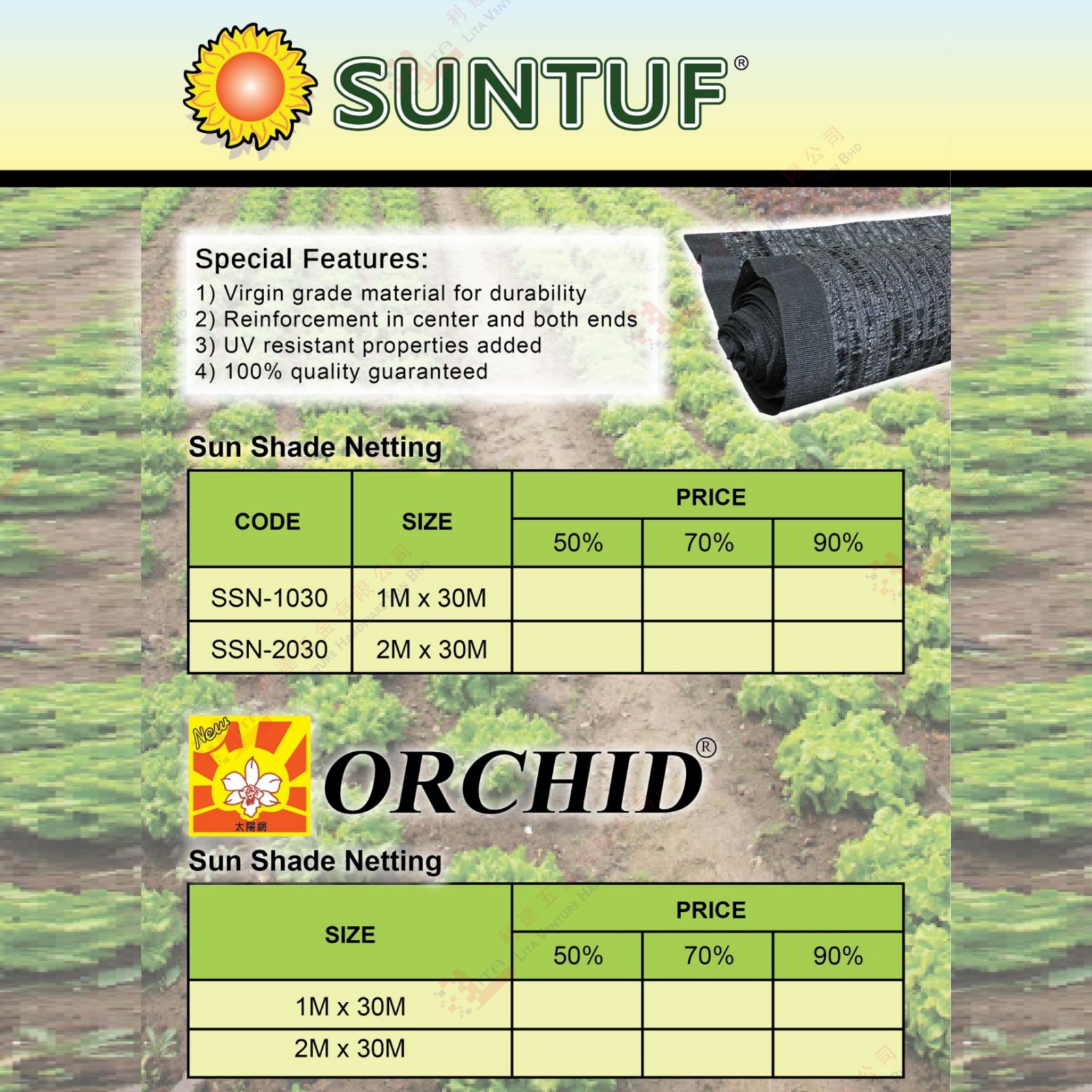 SUNTUF BRAND SUN SHADE NETTING - SSN1030 SSN2030