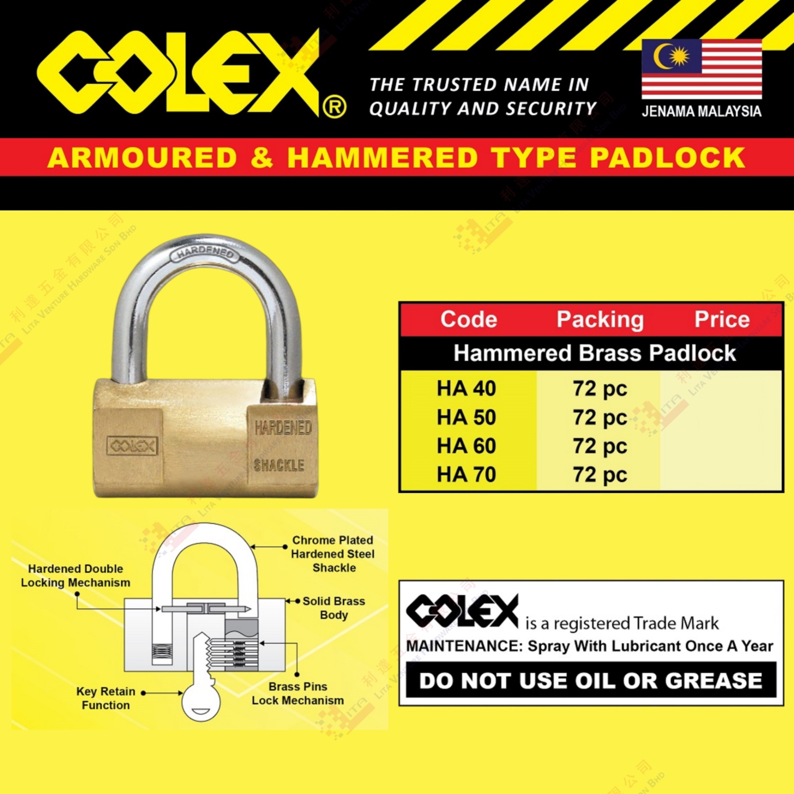COLEX BRAND ARMOURED & HAMMERED TYPE PADLOCK - HA40 HA50 HA60 HA70