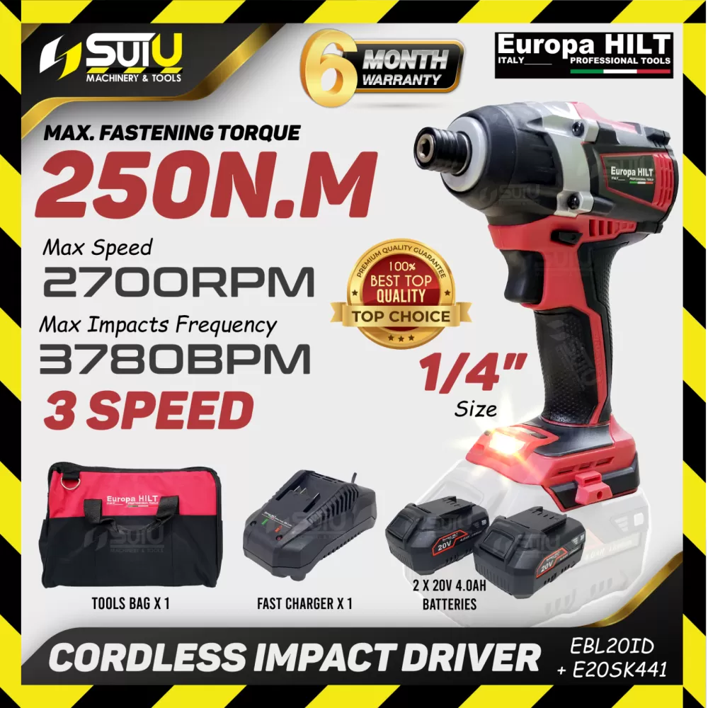 EUROPA HILT EBL20ID 20V 250NM Cordless Impact Driver with Brushless Motor 2700RPM w/ 2 x 4.0Ah Batteries + Charger + Tools Bag