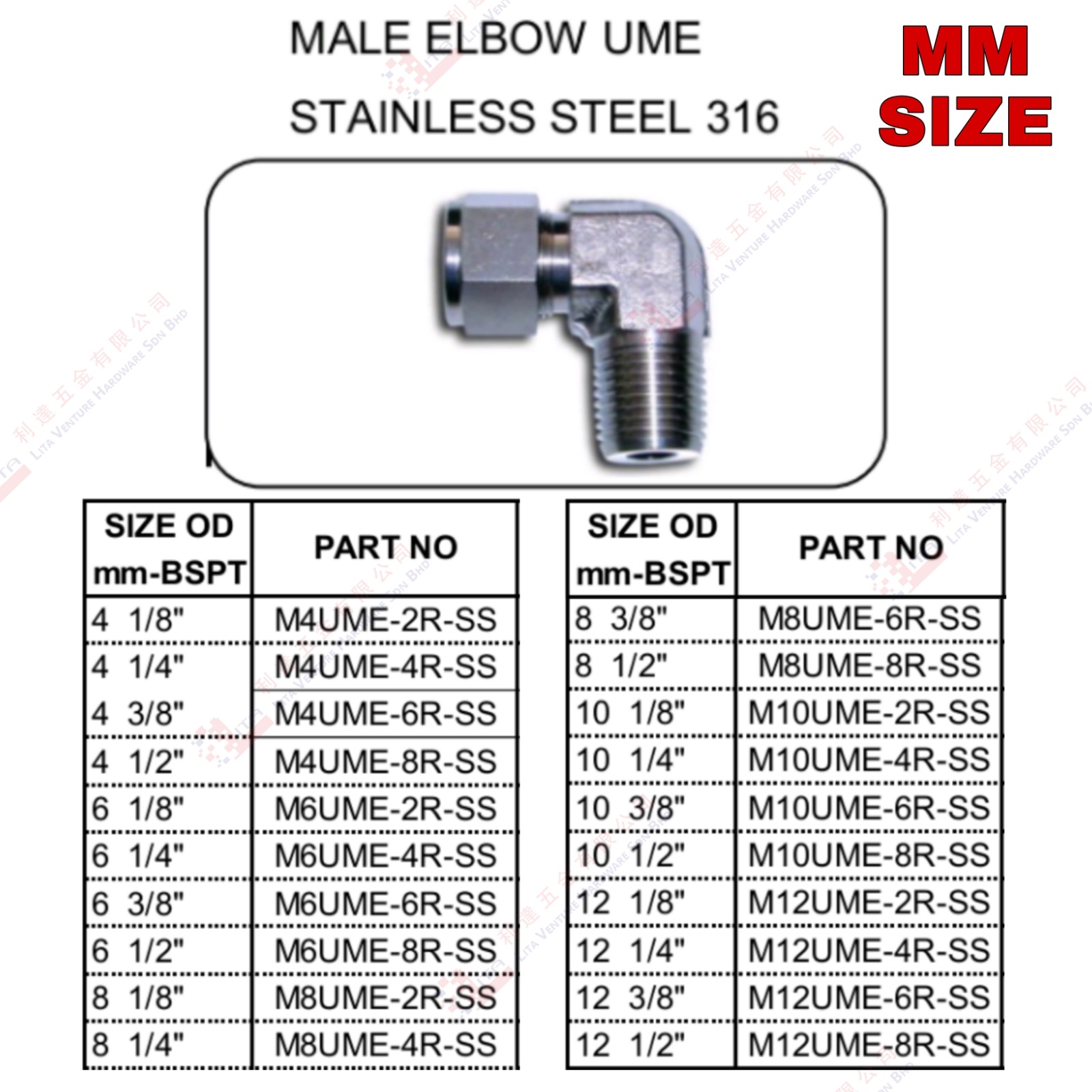 MALE ELBOW UME (MM SAIZ) - 2UME2RSS  2UME4RSS 2UME6RSS 2UME8RSS 4UME2RSS 4UME4RSS 4UME6RSS 4UME8RSS 6UME2RSS 6UME4RSS 6UME6RSS 6UME8RSS 8UME2RSS 8UME4RSS 8UME6RSS 8UME8RSS