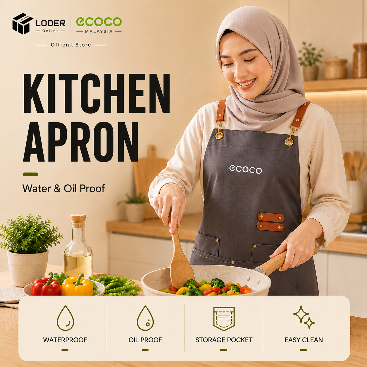 LODER ECOCO Kitchen Apron Waterproof Oil Proof Cooking Apron Adjustable Apron with Pocket Stain Resistant
