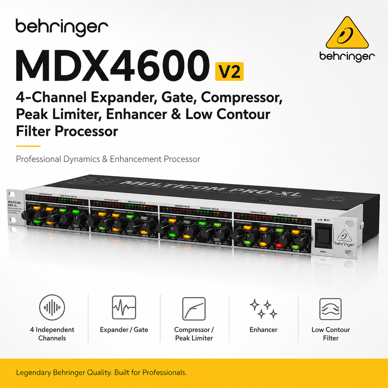 Behringer MDX4600 V2 – Pemproses 4 Saluran: Expander, Gate, Kompresor, Peak Limiter, Enhancer & Penapis Low Contour
