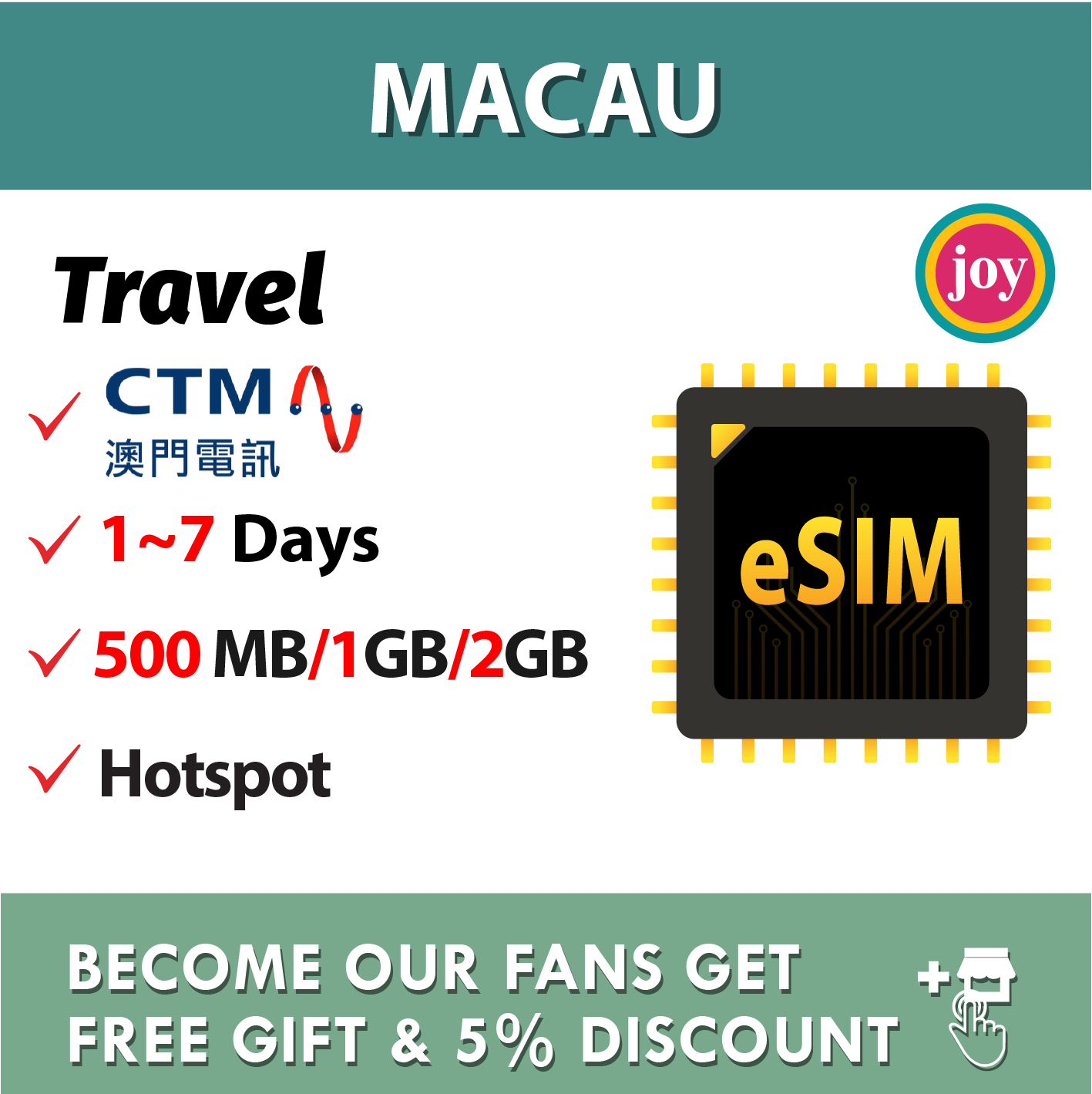 eSIM【Macau】 Travel Prepaid Sim Card UNLIMITED GB 澳门上网卡