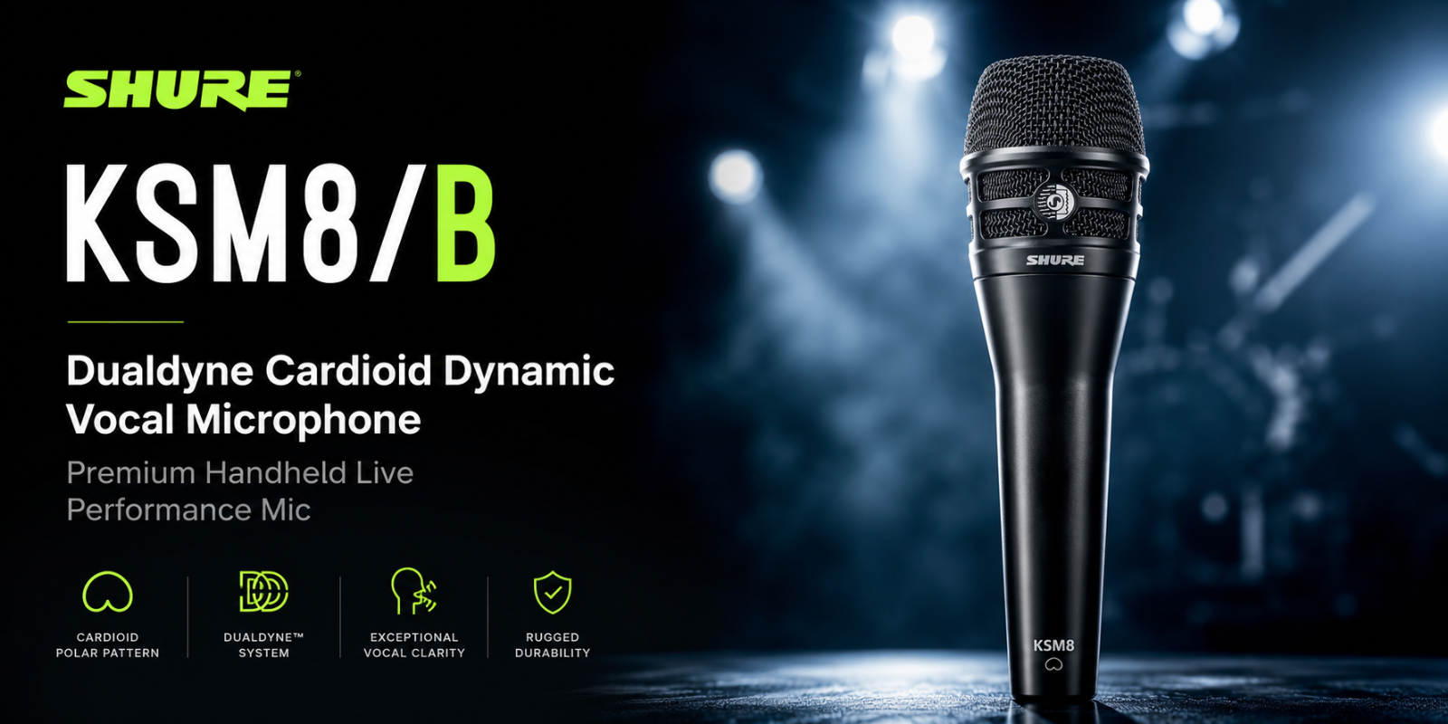 Shure KSM8/B  Mikrofon Dinamik Vokal Kardioid Dualdyne – Mikrofon Persembahan Langsung Pegang Tangan Premium