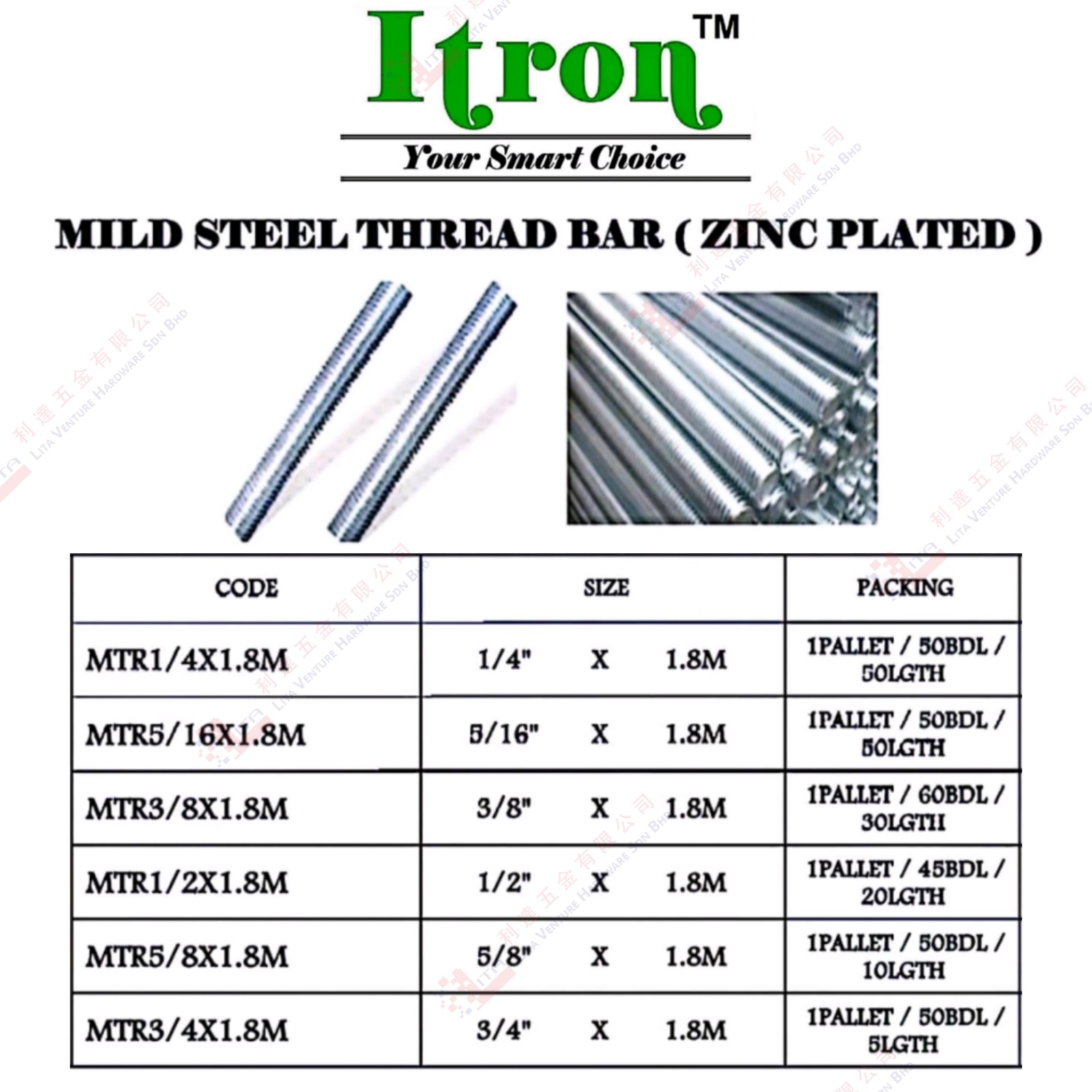 ITRON BRAND  MILD STEEL THREAD BAR - MTR14X1.8M MTR516X1.8M MTR38X1.8M MTR12X1.8M MTR58X1.8M MTR34X1.8M