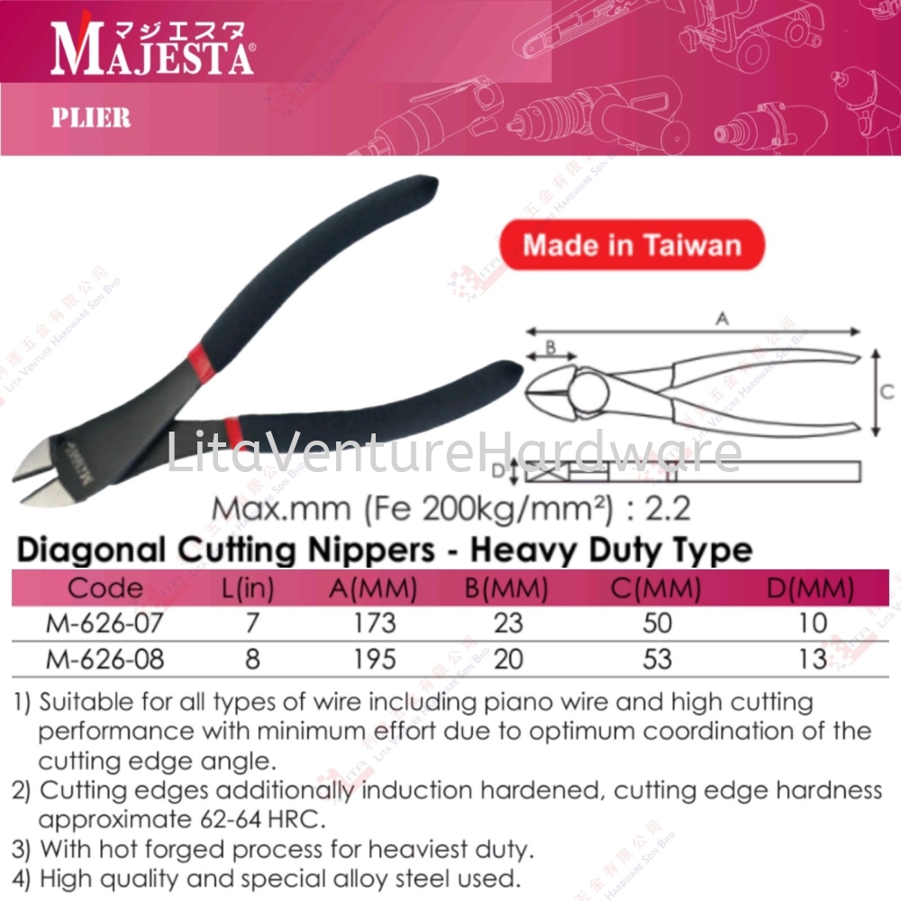 MAJESTA BRAND DIAGONAL CUTTING NIPPERS - M62607 M62608