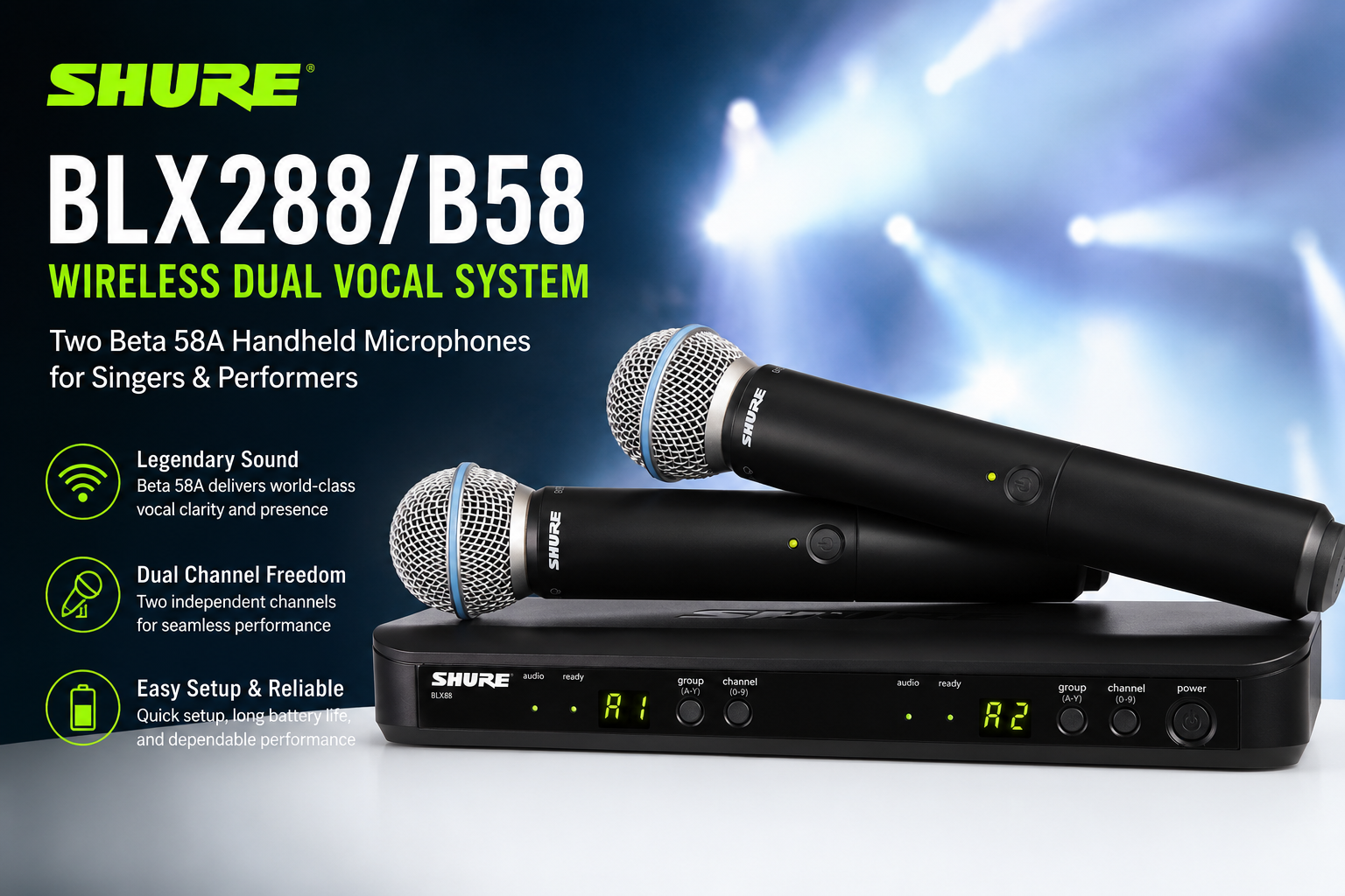 Shure BLX288/B58 Sistem Vokal Dual Tanpa Wayar – Dua Mikrofon Pegang Beta 58A untuk Penyanyi & Persembahan