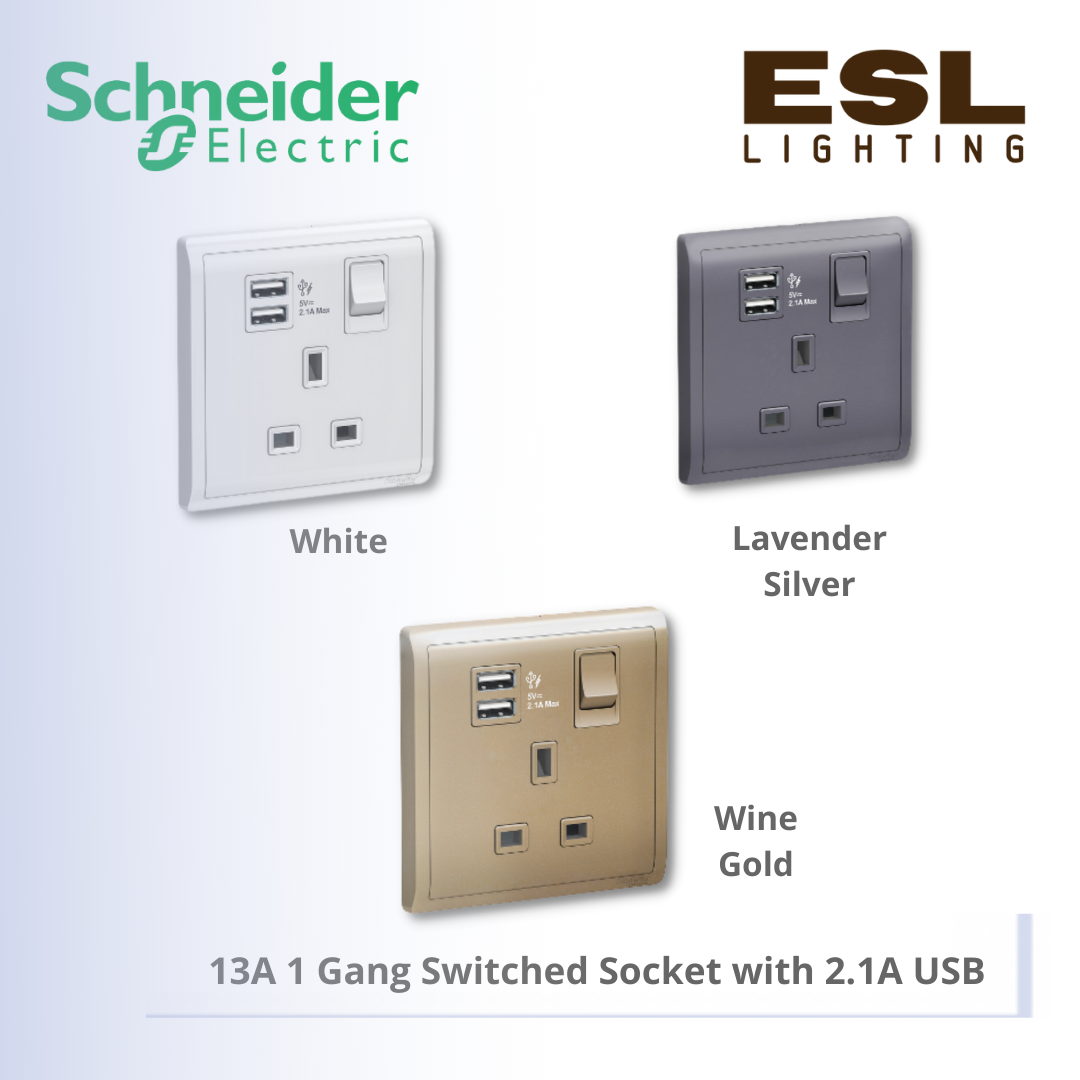 [DISCONTINUE] SCHNEIDER Pieno 13A 1 Gang Switched Socket with 2.1A USB - E8215USB_WE_G11 E8215USB_LS_G11 E8215USB_WG_G11