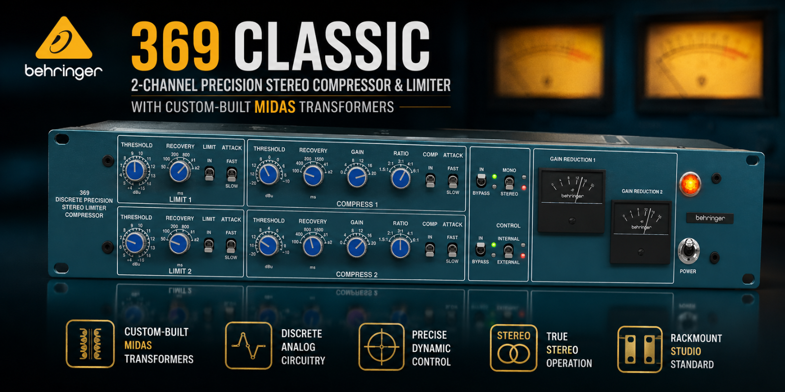 Behringer 369 Classic – Pemampat & Limiter Stereo Ketepatan 2 Saluran dengan Transformer MIDAS Buatan Khas