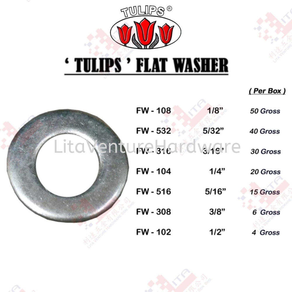 TULIPS BRAND FLAT WASHER - FW108 FW532 FW316 FW104 FW516 FW308 FW102
