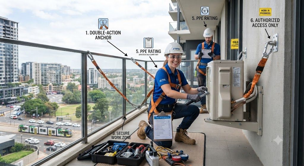 HVAC technician outdoor unit height safety guide