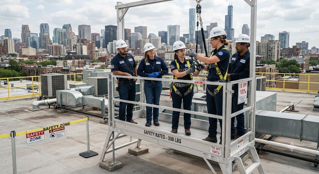 HVAC technician fall protection on platforms