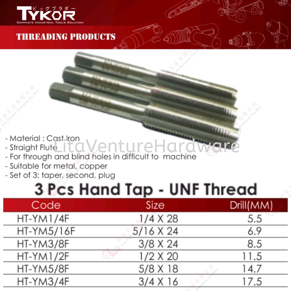 TYKOR BRAND 3PCS HAND TAP UNF THREAD - HTYM14F HTYM516F HTYM38F HTYM12F HTYM34F
