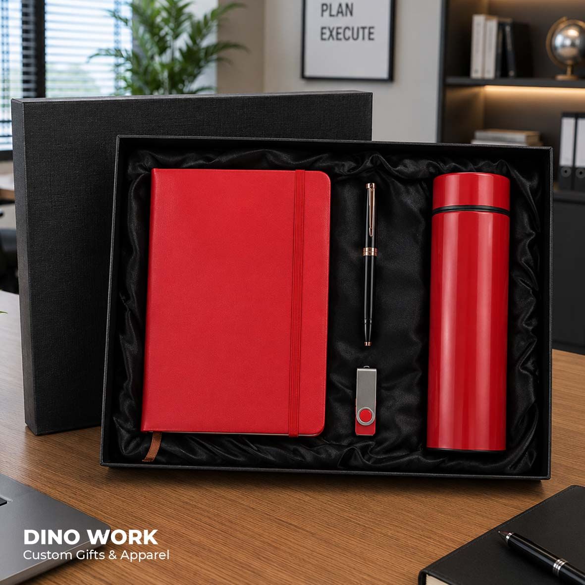 Premium Corporate Gift Set (4in1)_Notebook, Metal Pen, USB Flash Drive And Thermal Flask