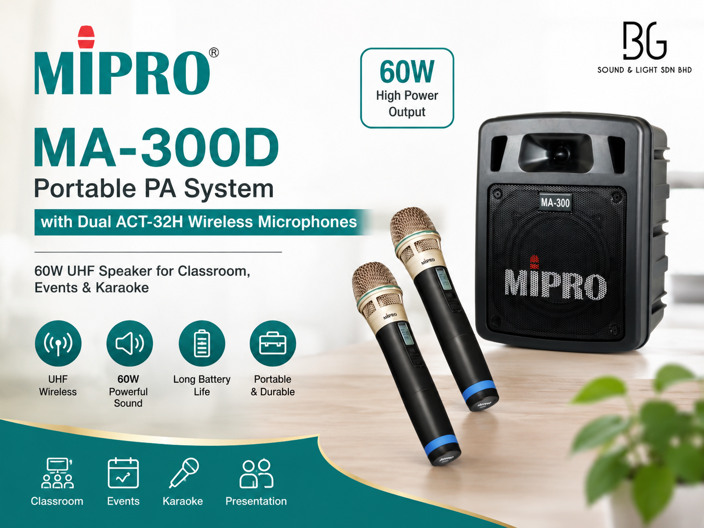 MIPRO MA-300D Portable PA System with Dual ACT-32H Wireless Microphones – 60W UHF Speaker for Classroom, Events & Karaoke