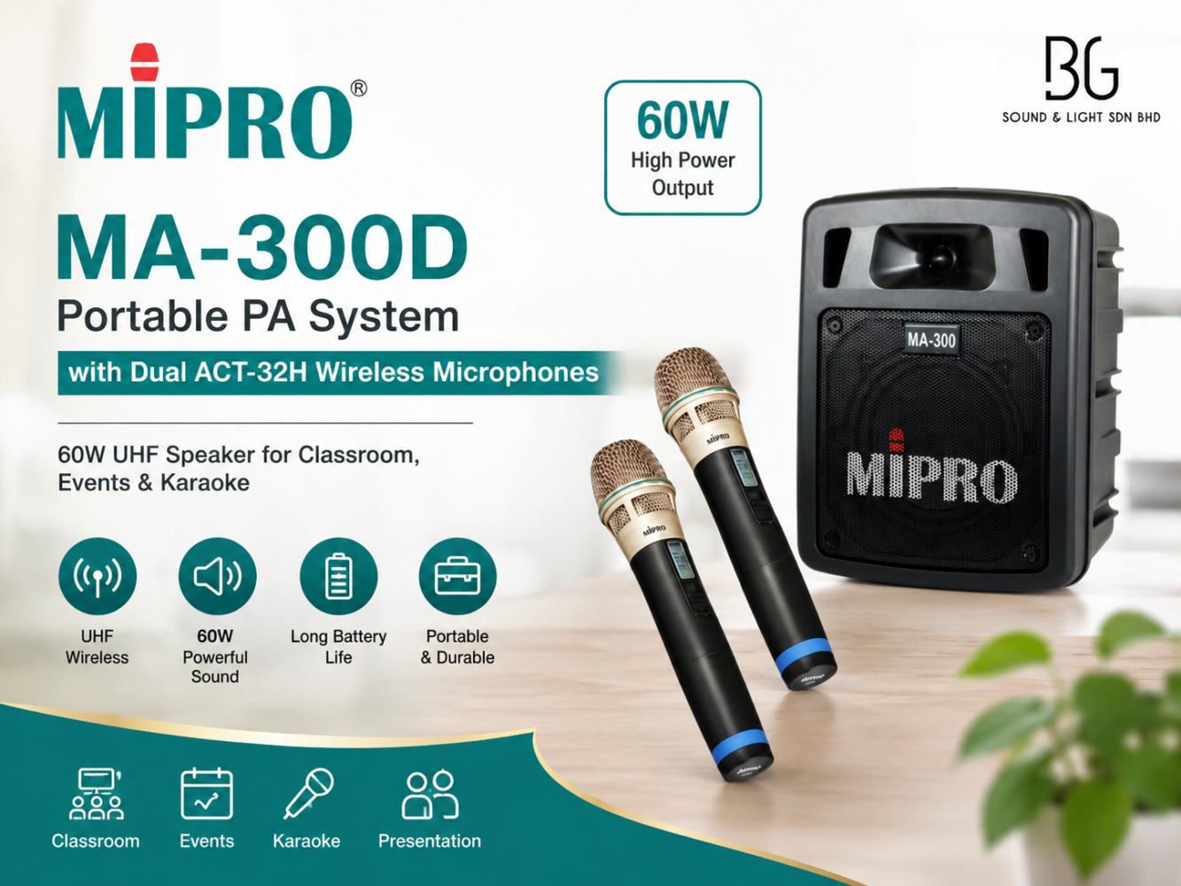 MIPRO MA-300D Portable PA System with Dual ACT-32H Wireless Microphones â 60W UHF Speaker for Classroom, Events & Karaoke