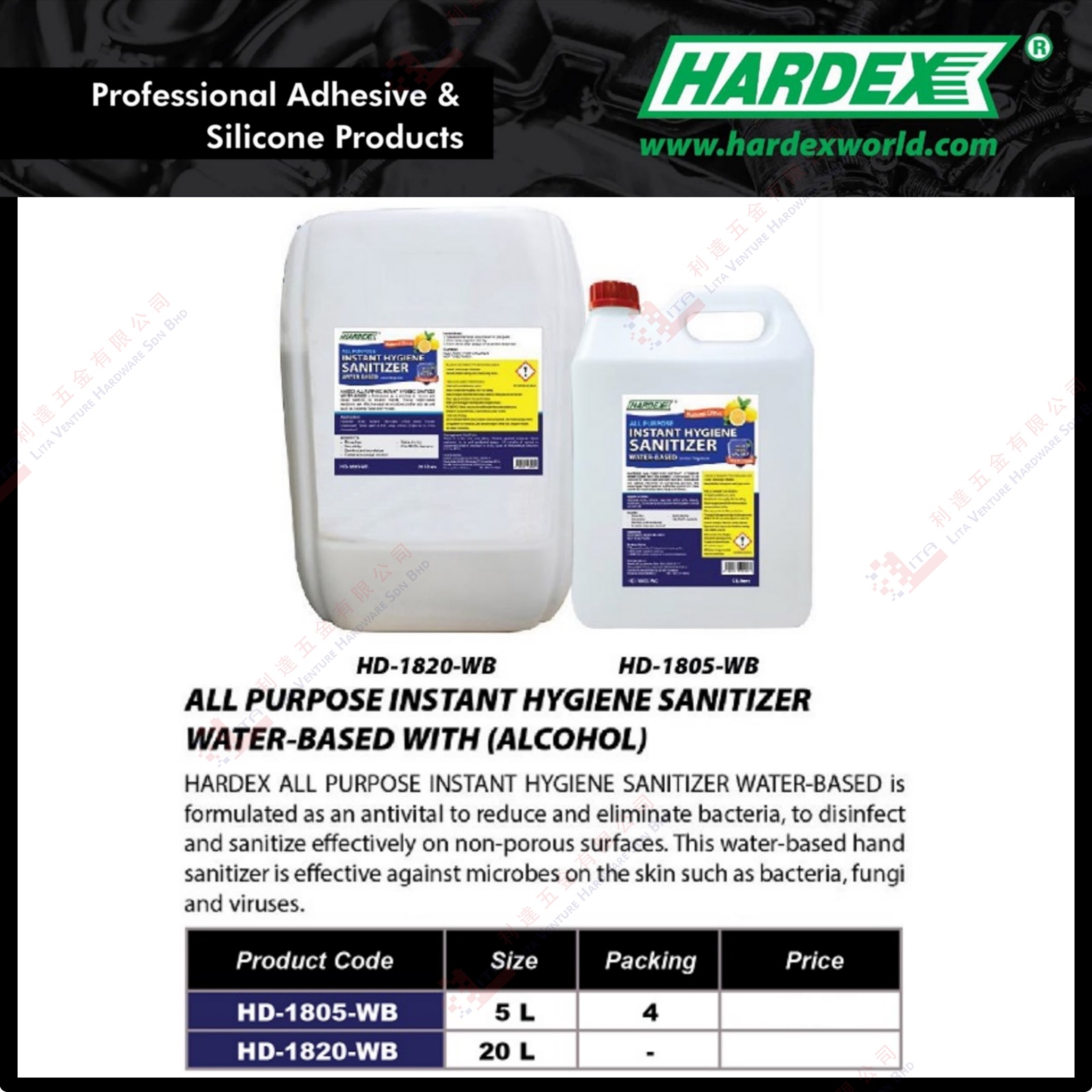GHARDEX BRAND ALL PURPOSE INSTANT HYGIENE SANITIZER - HD1805WB HD1820WB