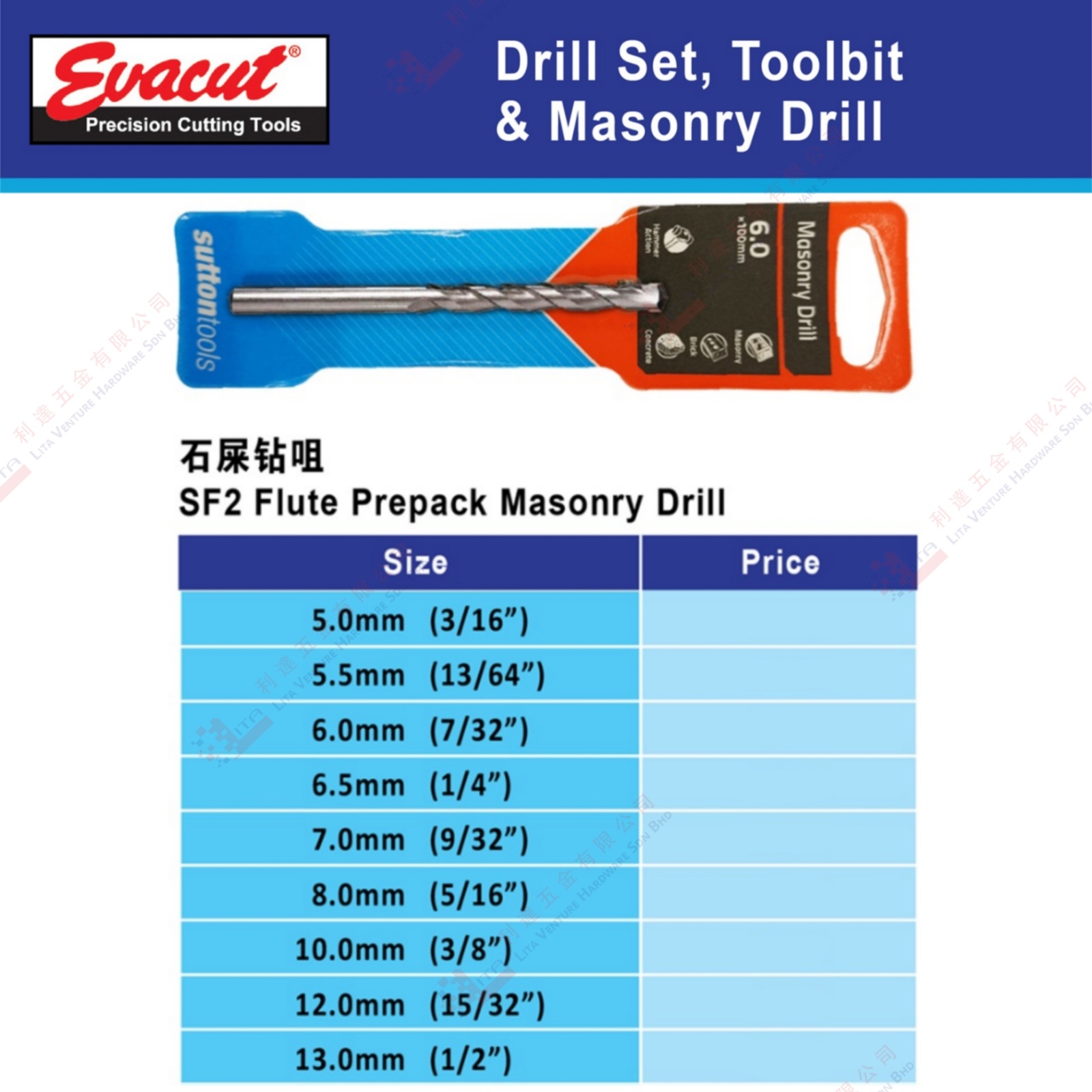 EVACUT BRAND FLUTE PREPACK MASONRY DRILL - SF2