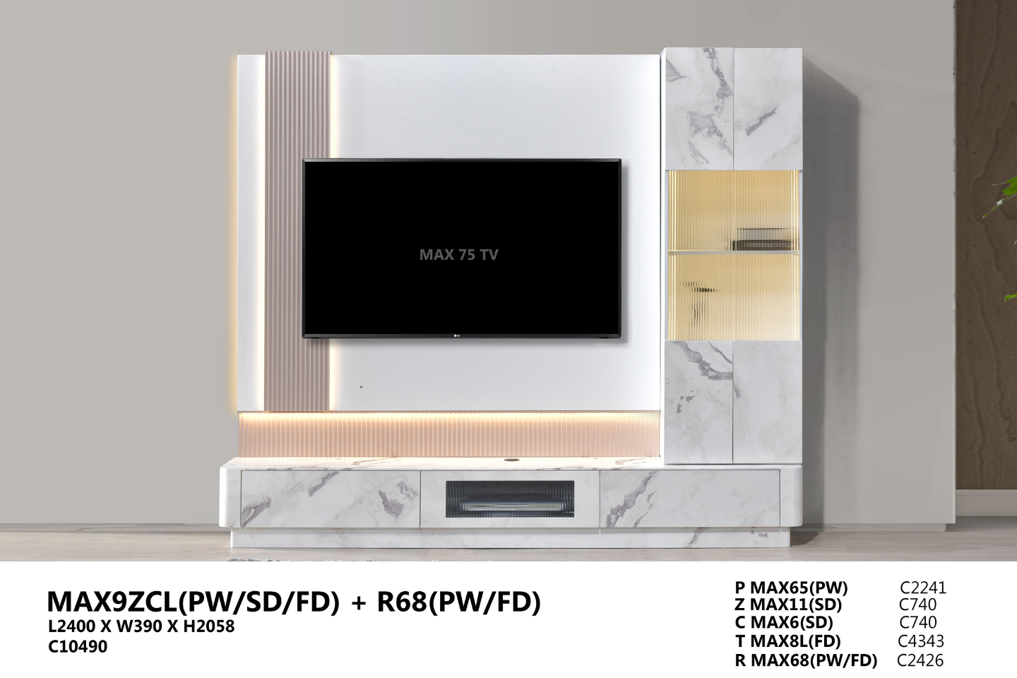 WALL TV CABINET - MAX9ZCL(PW/SD/FD) + R68(PW/FD)
