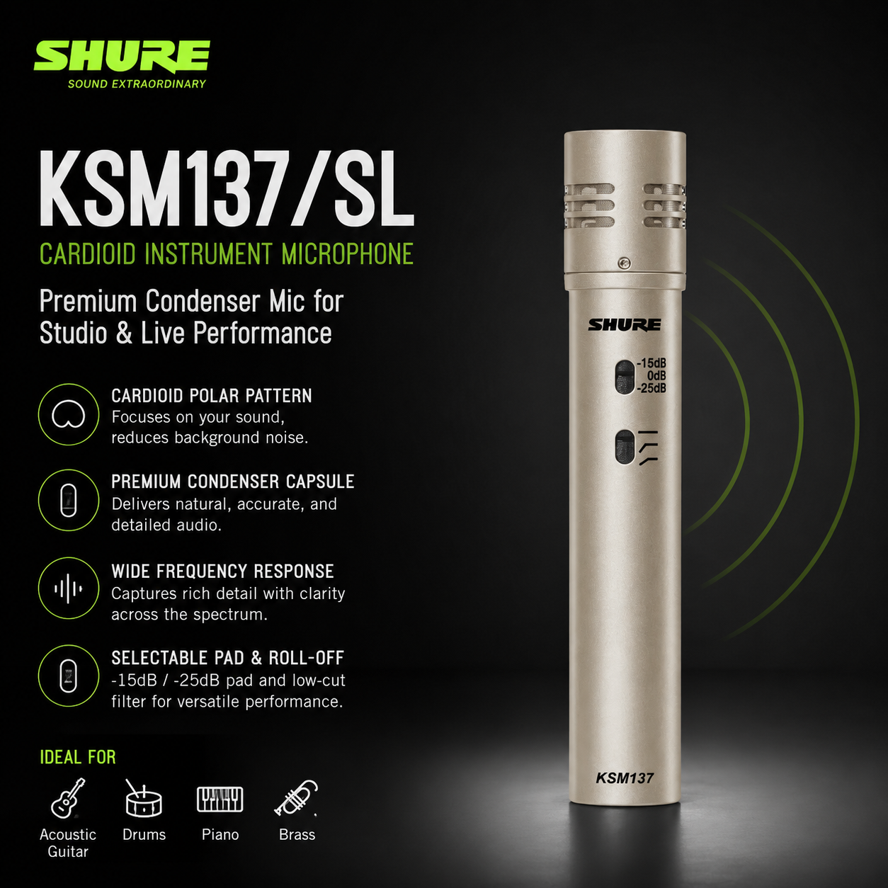 Shure KSM137/SL Cardioid Instrument Microphone – Premium Condenser Mic for Studio & Live Performance