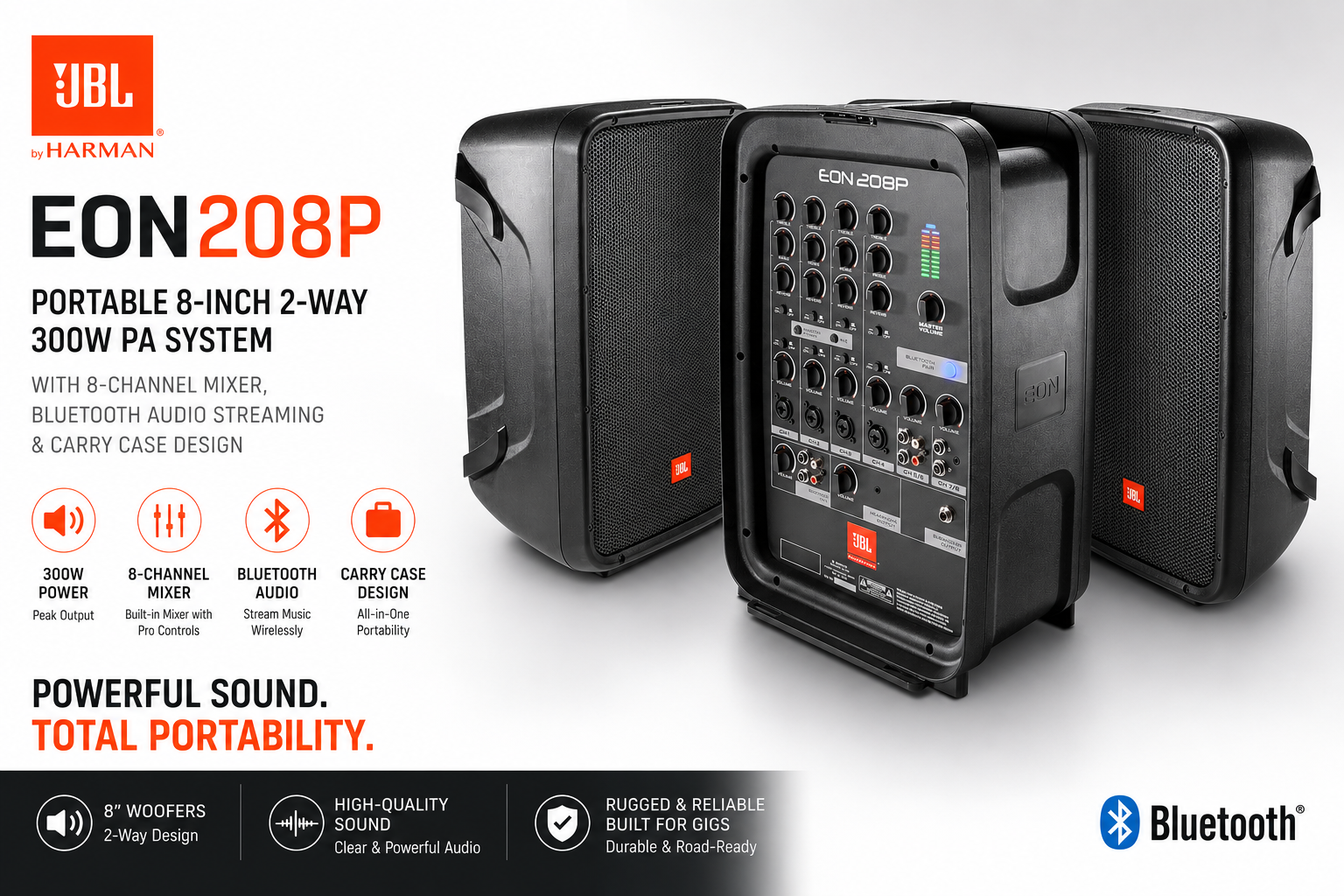 JBL EON208P – Sistem PA Mudah Alih 8 Inci 2-Hala 300W dengan Pengadun 8-Saluran, Penstriman Audio Bluetooth & Rekaan Kotak Bawa