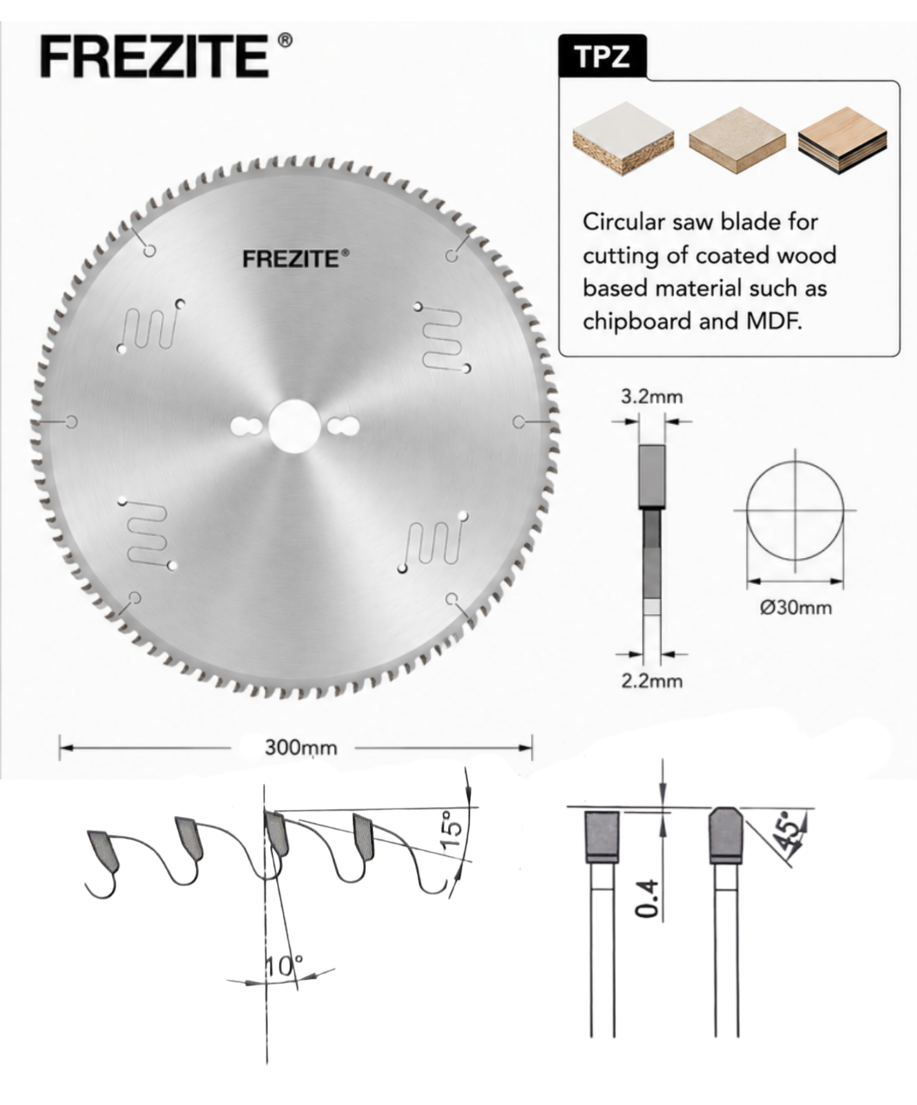 Frezite 12" X 3.2 X 30H X 96T TPZ TCT SAW BLADE