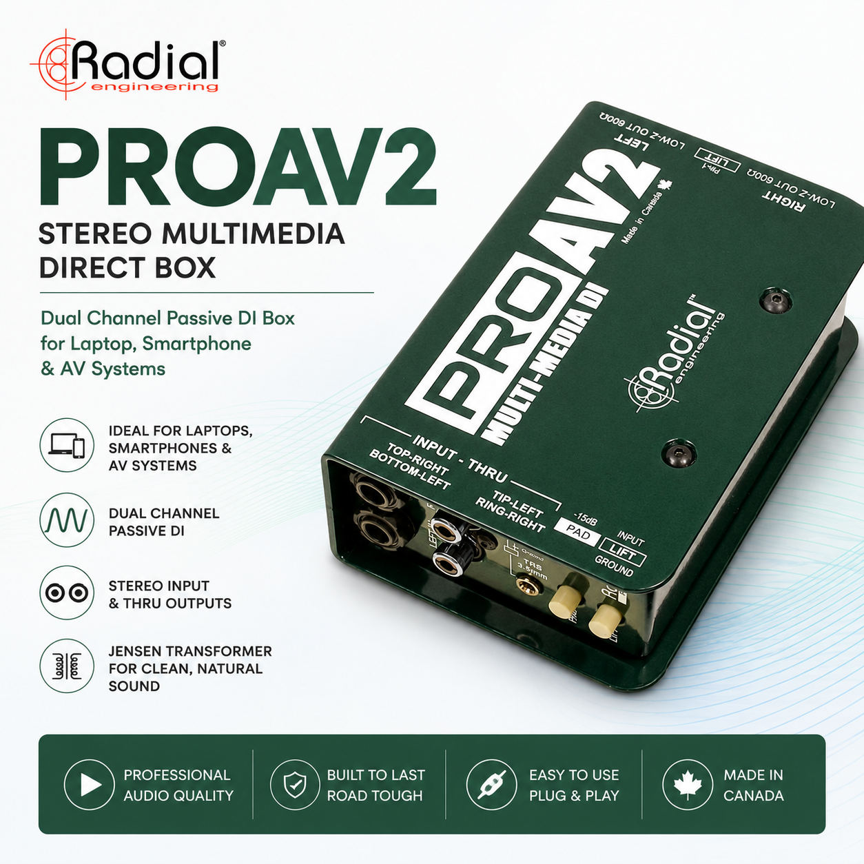 Radial Engineering ProAV2 双声道多媒体直通盒（DI Box）– 专业无源立体声音频转换器