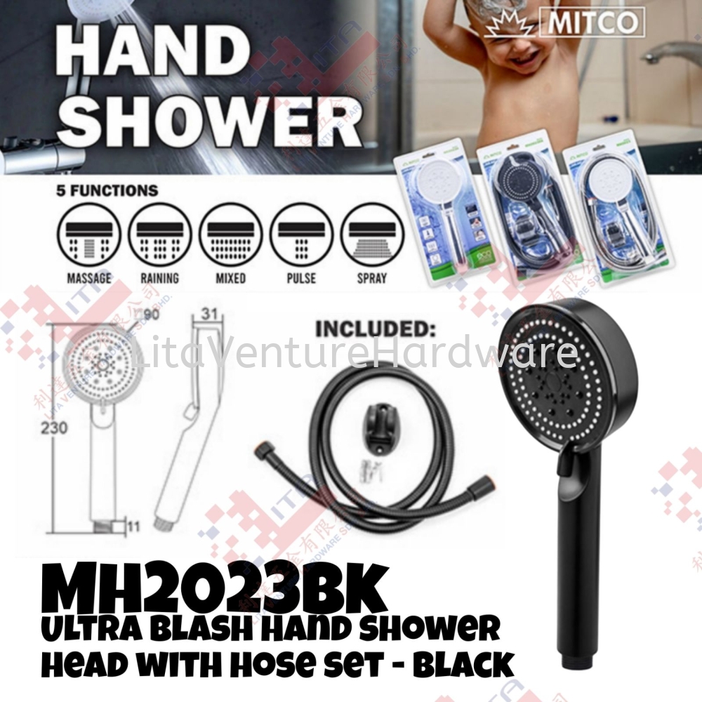 MITCO BRAND ULTRA BLASH HAND SHOWER HEAD WITH HOSE SET(BLACK) - MH2023BK