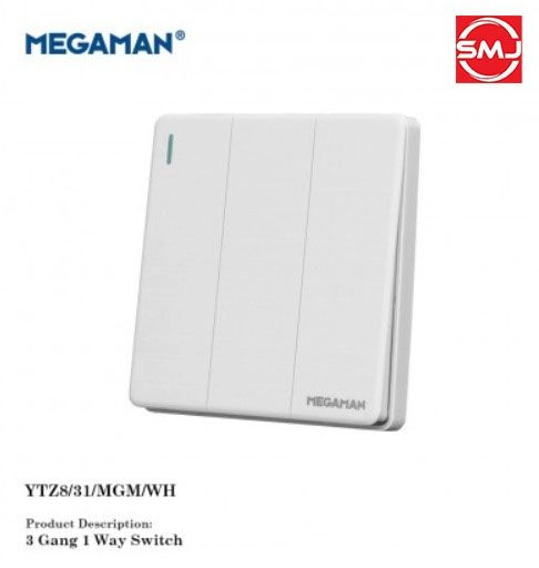 Megaman YTZ8/31/MGM/WH 3 Gang 1 Way Switch (White)