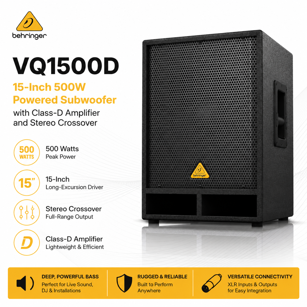 Behringer VQ1500D – 15英寸500瓦有源低音炮，配备D类功放与立体声分频器