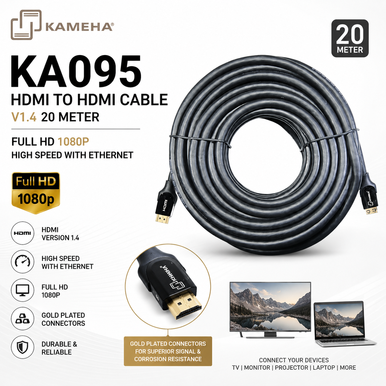 KAMEHA KA095 HDMI to HDMI Cable V1.4 20 Meter Full HD 1080p High Speed with Ethernet Gold Plated