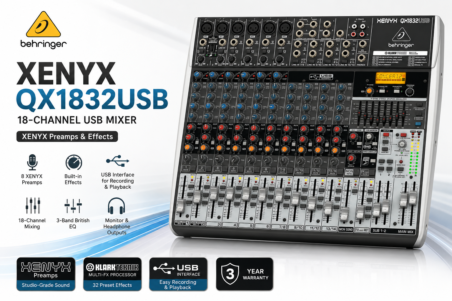 Behringer XENYX QX1832USB Pencampur 18 Saluran USB – Preamps XENYX & Kesan