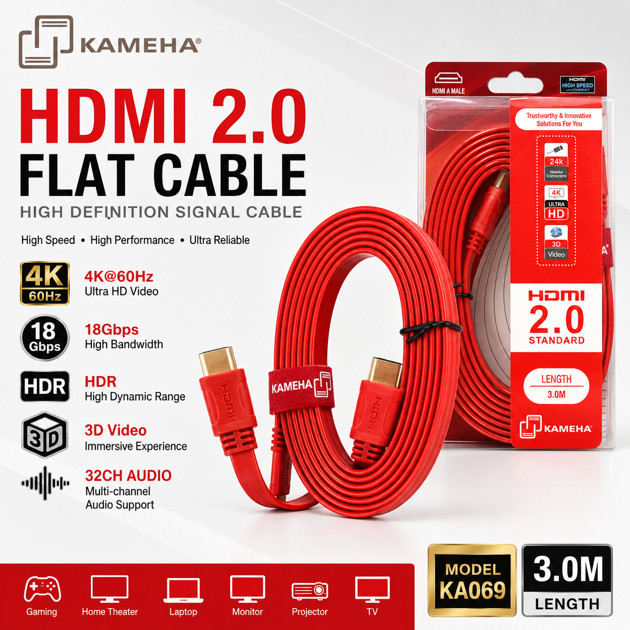 KAMEHA KA069 Kabel HDMI 2.0 Flat 3M 4K 60Hz 18Gbps High Speed HDMI