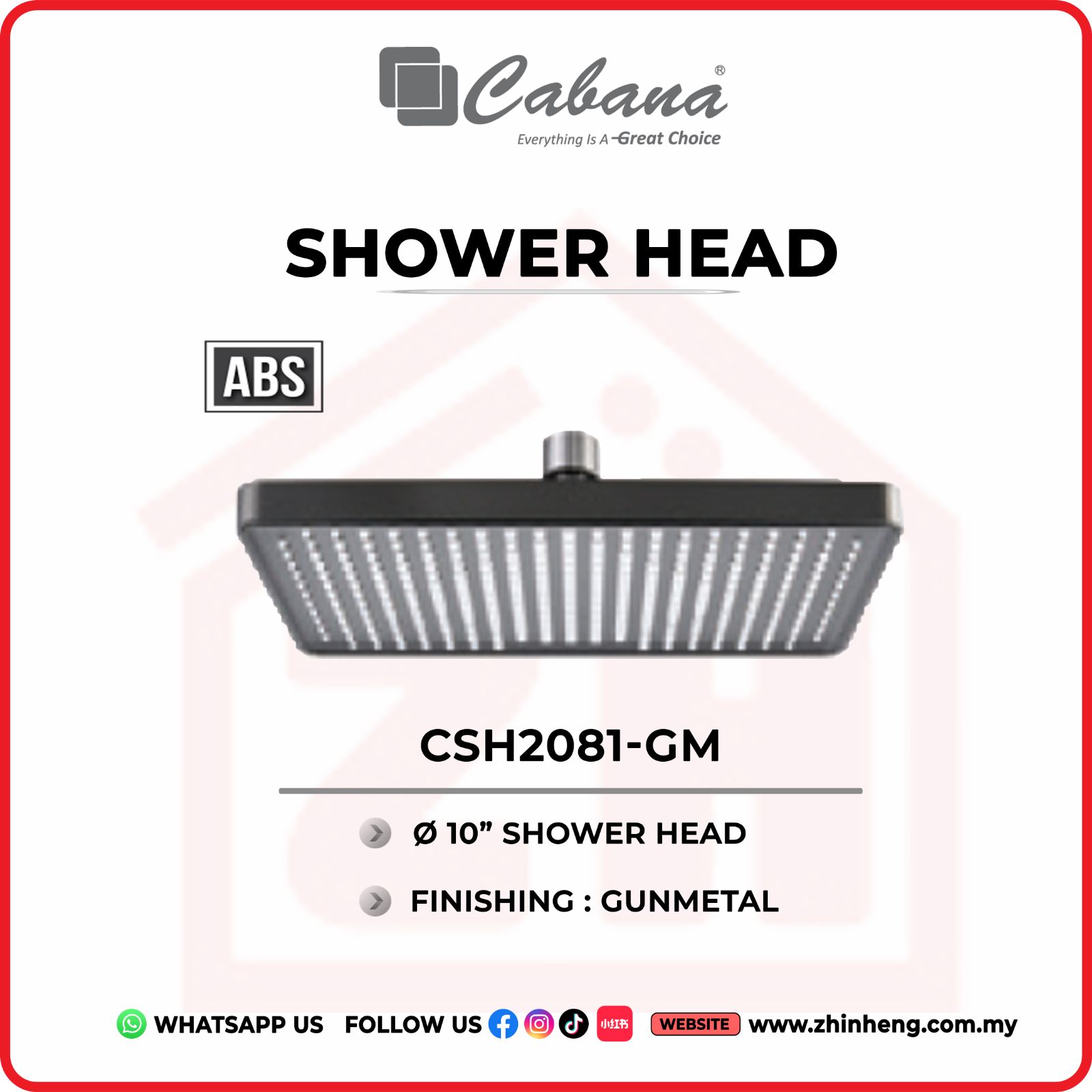 CABANA  10” SQUARE SHOWER HEAD  CSH2081-GM