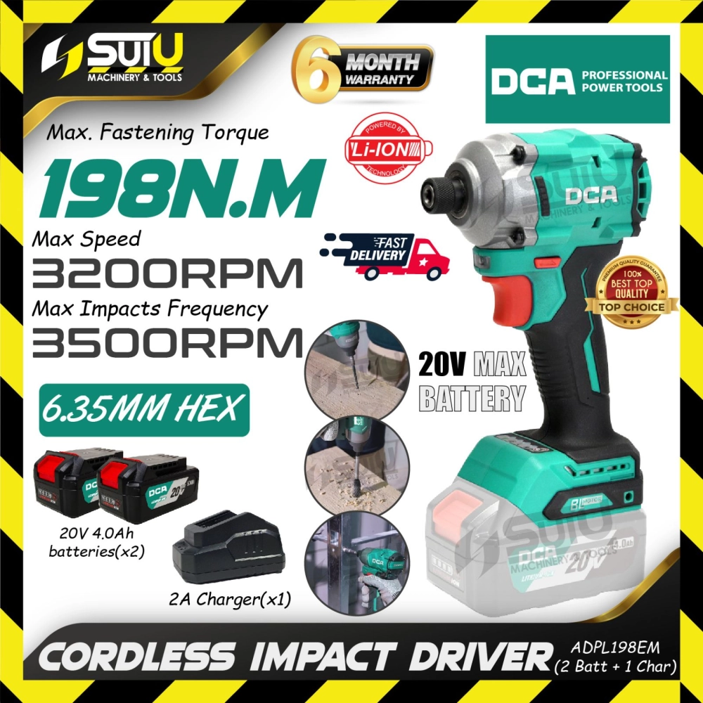 [SET] DCA ADPL198 / ADPL198EM 20V 198NM Cordless Brushless Impact Driver with 2 x Batteries 4.0Ah + Charger