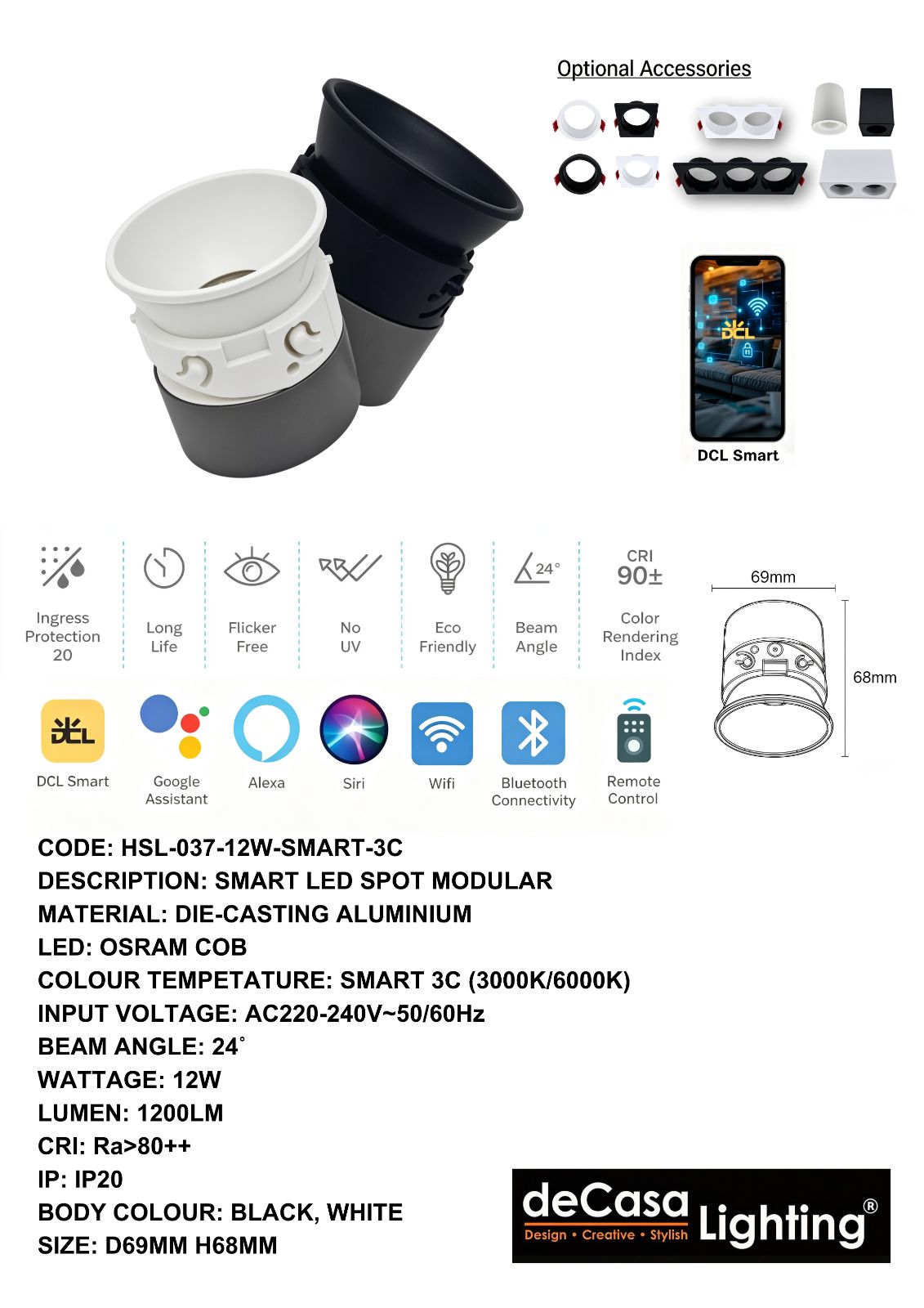 SMART LED RECESSED EYEBALL(HSL-037-12W-SMART-3C)