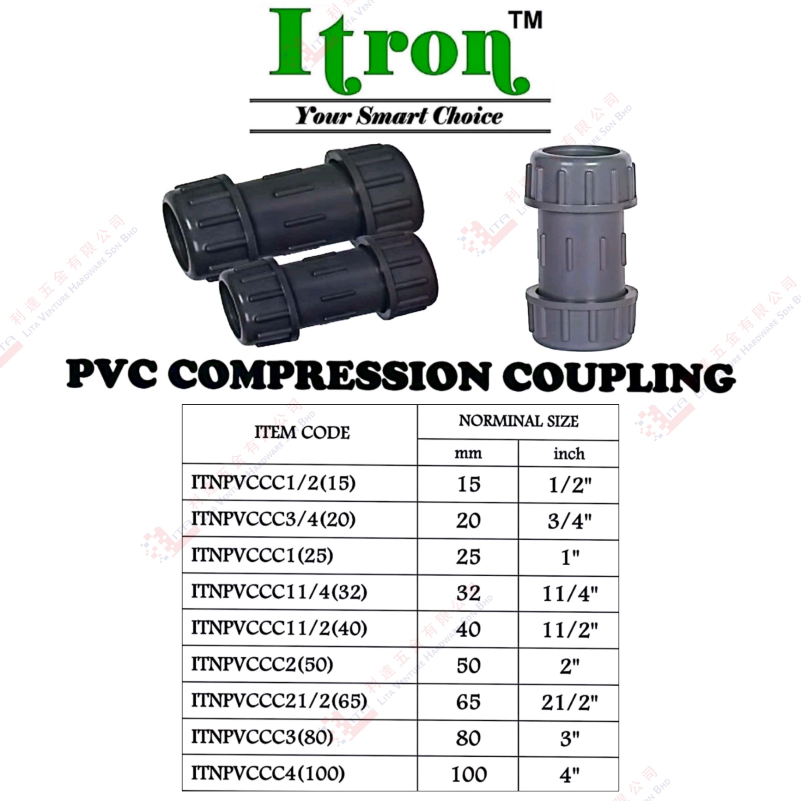 ITRON BRAND PVC COMPRESSION COUPLING - ITNPVCCC1215 ITNPVCCC3420 ITNPVCCC25 ITNPVCCC11432 ITNPVCCC11240 ITNPVCCC250 ITNPVCCC21265 ITNPVCCC380 ITNPVCCC4100