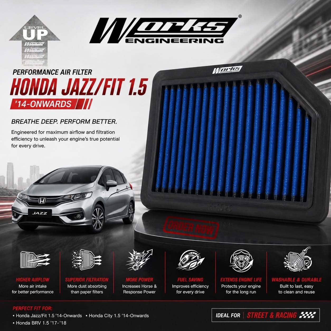 WORKS ENGINEERING Air filter For Honda Jazz GK T5A / City GM6 T9A  / BRV TSA 2014-2020