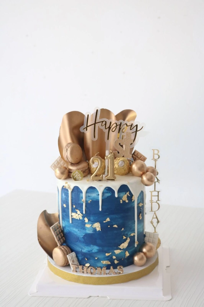 Blue Gold Buttercream Drip Cake