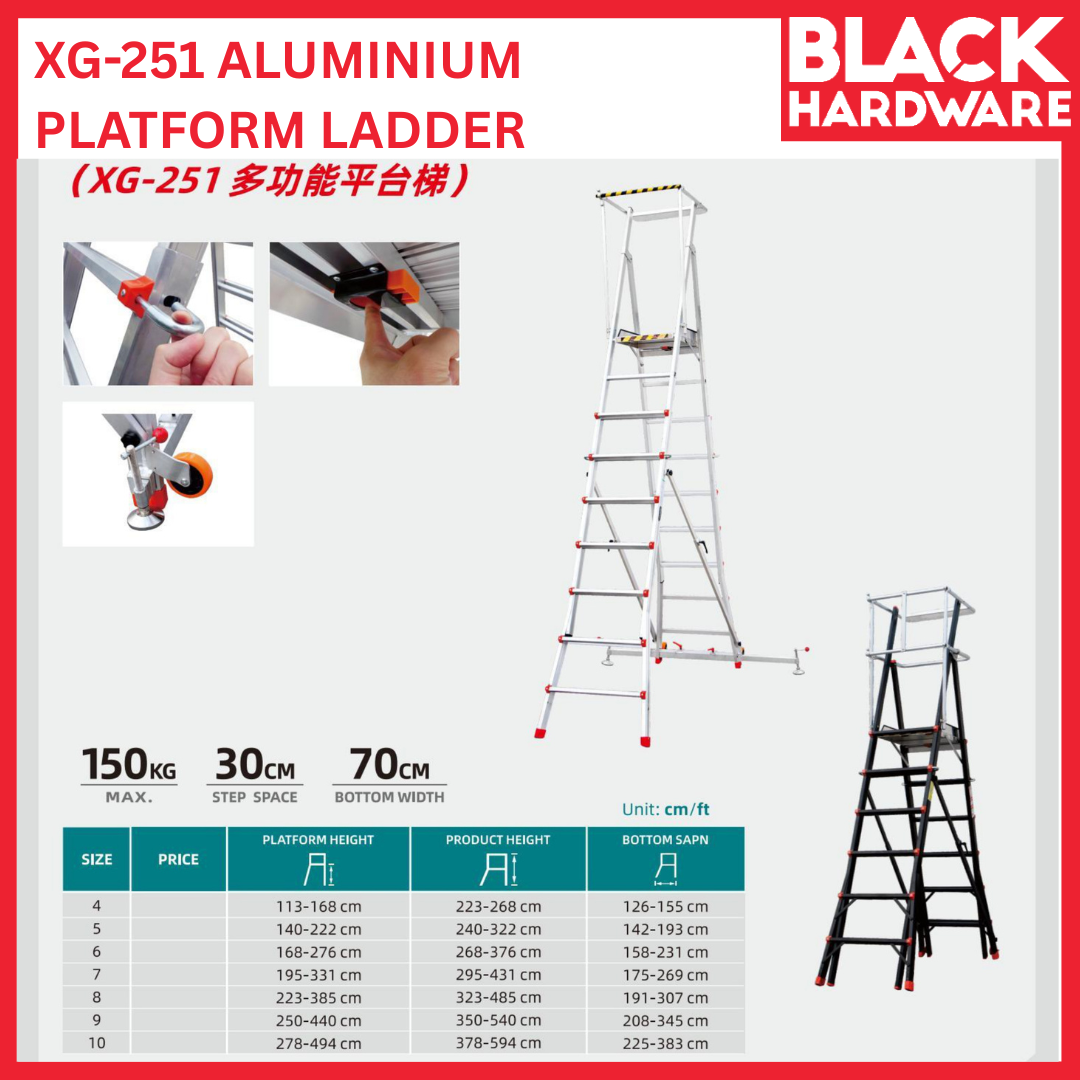 Black Hardware TONGDA XG-251 Aluminium Platform Ladder | Heavy-Duty Height-Adjustable Podium Tower Malaysia