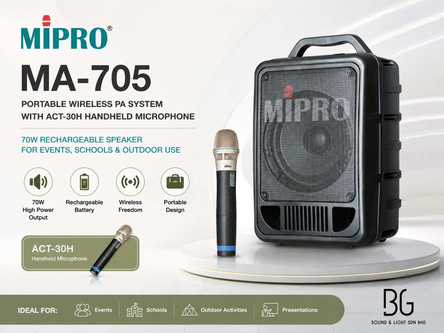 MIPRO MA-705 便携式无线扩音系统 搭配 ACT-30H 手持麦克风｜70W 充电式户外活动/教学/演出音响系统