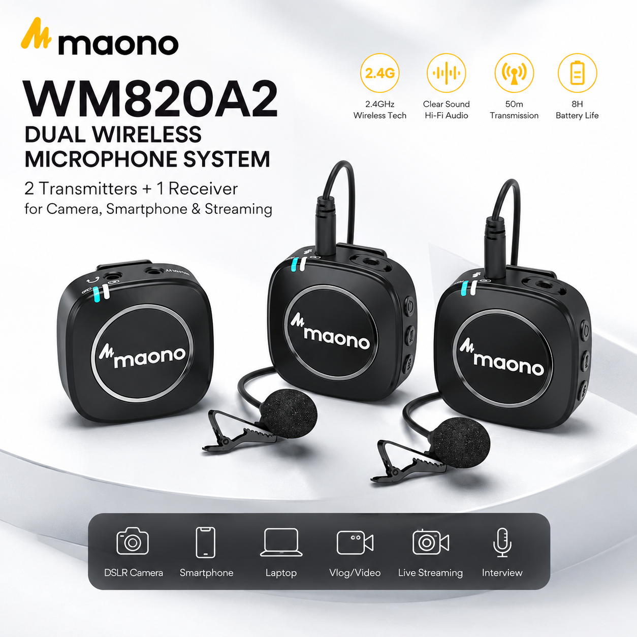 🎤 Maono WM820A2 Dual Wireless Microphone System – 2 Transmitters + 1 Receiver for Camera, Smartphone & Streaming